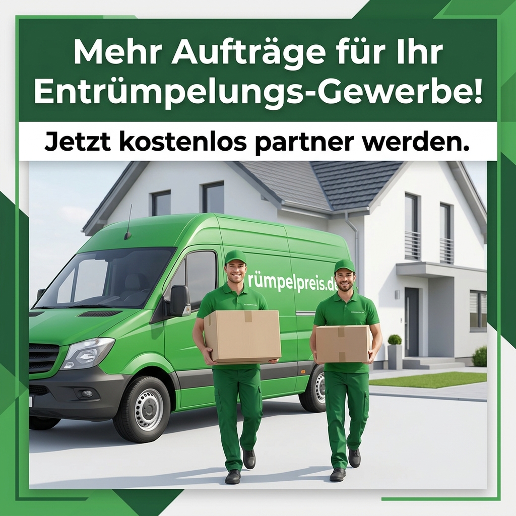 Zwei Rümpelpreis.de Mitarbeiter in grüner Uniform mit grünem Transporter vor einem Haus